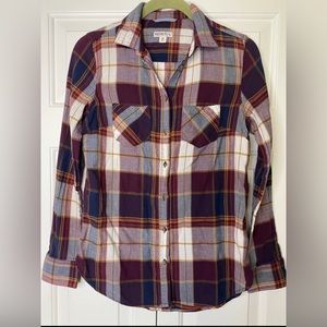 Merona - XS Shirt Womens Plaid Maroon Button Up Collared Long Sleeve Cotton